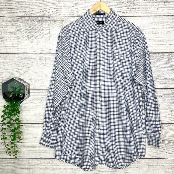 Nautica Plaid Casual Button Down Shirt Men’s Size 17 - 34/35 Tan Blue & Purple - Picture 10 of 10